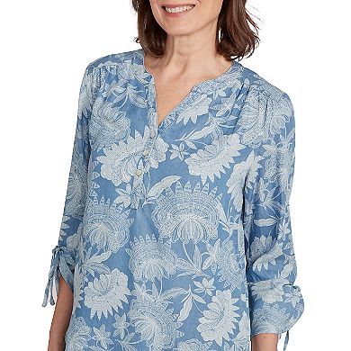 Petite Alfred Dunner Floral Long-Sleeve Button Placket Henley Top