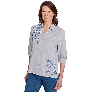 Petite Alfred Dunner Diagonal Floral Metallic Stripe Button Front Top