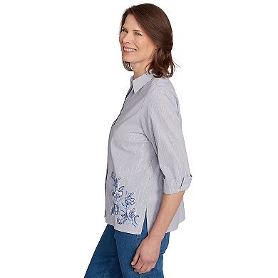 Petite Alfred Dunner Diagonal Floral Metallic Stripe Button Front Top