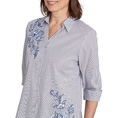 Petite Alfred Dunner Diagonal Floral Metallic Stripe Button Front Top