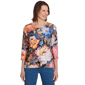 Petite Alfred Dunner Dramatic Floral Lace Neck Top