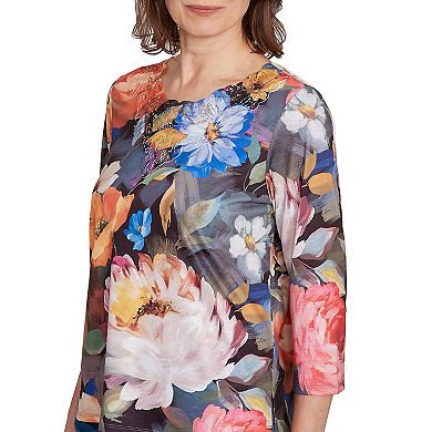 Petite Alfred Dunner Dramatic Floral Lace Neck Top