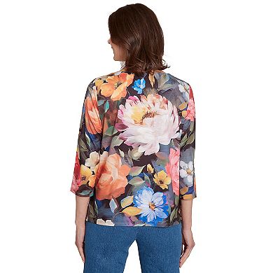 Petite Alfred Dunner Dramatic Floral Lace Neck Top
