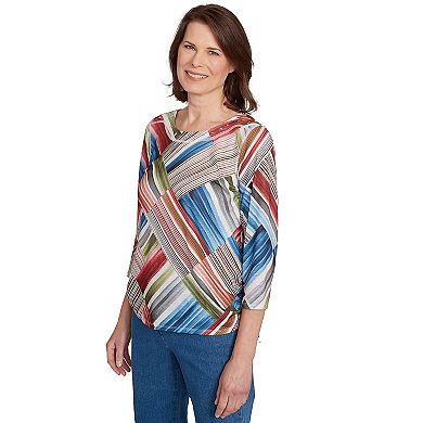 Petite Alfred Dunner Stripe Patchwork Ruched Sides Top