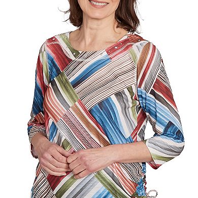 Petite Alfred Dunner Stripe Patchwork Ruched Sides Top