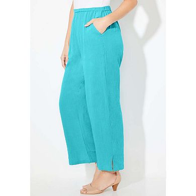 Catherines Women's Plus Size Anywear Pucker Cotton Wide Leg Pant