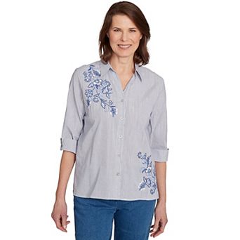 Women's Alfred Dunner Diagonal Floral Metallic Stripe Button-Front Top