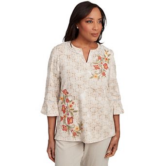Women's Alfred Dunner Floral Bell Sleeve Embroidered Top