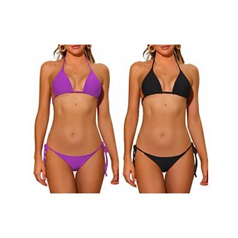 2 Sets Women's Halter Tie Side Bikini Sets, Low Waist Triangle Bottom Basic Swimsuits Bathing Suit