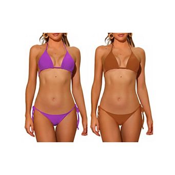 2 Sets Women's Halter Tie Side Bikini Sets, Low Waist Triangle Bottom Basic Swimsuits Bathing Suit