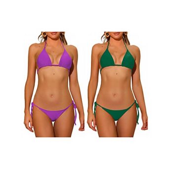 2 Sets Women's Halter Tie Side Bikini Sets, Low Waist Triangle Bottom Basic Swimsuits Bathing Suit