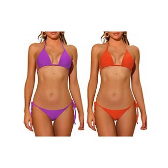 2 Sets Women's Halter Tie Side Bikini Sets, Low Waist Triangle Bottom Basic Swimsuits Bathing Suit