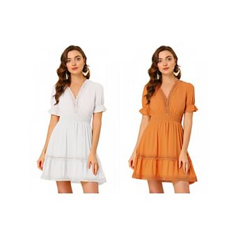 2 Packs Women's V Neck Smocked Elastic Waist Short Sleeve Mini Dress