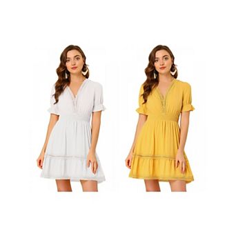 2 Packs Women's V Neck Smocked Elastic Waist Short Sleeve Mini Dress
