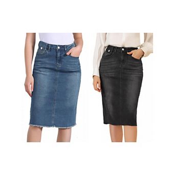 2 Packs Women's High Waist Solid Jean Skirt Back Vent Midi Length Denim Skirts