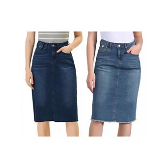 2 Packs Women's High Waist Solid Jean Skirt Back Vent Midi Length Denim Skirts