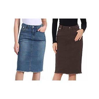 2 Packs Women's High Waist Solid Jean Skirt Back Vent Midi Length Denim Skirts