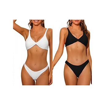 2 Sets Women's Twist Cross Knot Bikini Sets, Solid Adjustable Straps Self Tie Back Swimwear Suit