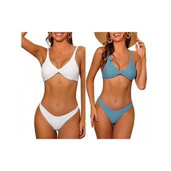 2 Sets Women's Twist Cross Knot Bikini Sets, Solid Adjustable Straps Self Tie Back Swimwear Suit