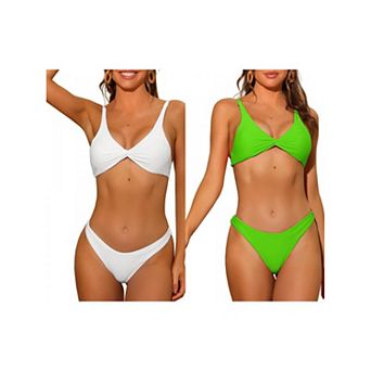 2 Sets Women's Twist Cross Knot Bikini Sets, Solid Adjustable Straps Self Tie Back Swimwear Suit