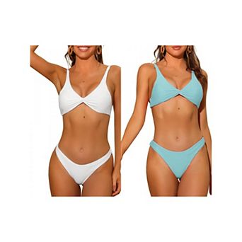 2 Sets Women's Twist Cross Knot Bikini Sets, Solid Adjustable Straps Self Tie Back Swimwear Suit