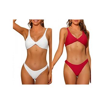 2 Sets Women's Twist Cross Knot Bikini Sets, Solid Adjustable Straps Self Tie Back Swimwear Suit