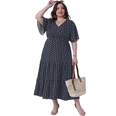 Women's Plus Size Dresses V Neck Short Sleeve Wrap Polka Dot A-Line Tiered Maxi Dress Casual Beach