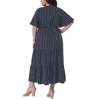 Women's Plus Size Dresses V Neck Short Sleeve Wrap Polka Dot A-Line Tiered Maxi Dress Casual Beach