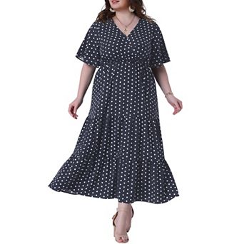 Women's Plus Size Dresses V Neck Short Sleeve Wrap Polka Dot A-Line Tiered Maxi Dress Casual Beach
