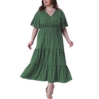 Women's Plus Size Dresses V Neck Short Sleeve Wrap Polka Dot A-Line Tiered Maxi Dress Casual Beach