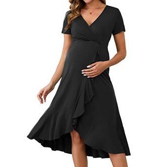 Women's Maternity Wrap Dress V Neck Ruffle Hem Semi Formal Party Cocktail Pregnant Dresses