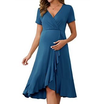 Women's Maternity Wrap Dress V Neck Ruffle Hem Semi Formal Party Cocktail Pregnant Dresses