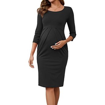 Women's Maternity Dresses Crew Neck 3/4 Sleeves Pleated Office Cocktail Back Zipper Pregnancy Dress
