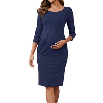 Women's Maternity Dresses Crew Neck 3/4 Sleeves Pleated Office Cocktail Back Zipper Pregnancy Dress
