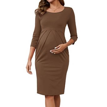Women's Maternity Dresses Crew Neck 3/4 Sleeves Pleated Office Cocktail Back Zipper Pregnancy Dress