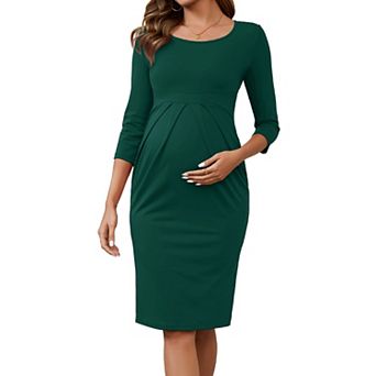 Women's Maternity Dresses Crew Neck 3/4 Sleeves Pleated Office Cocktail Back Zipper Pregnancy Dress