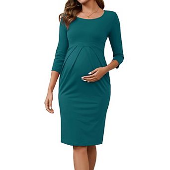 Women's Maternity Dresses Crew Neck 3/4 Sleeves Pleated Office Cocktail Back Zipper Pregnancy Dress