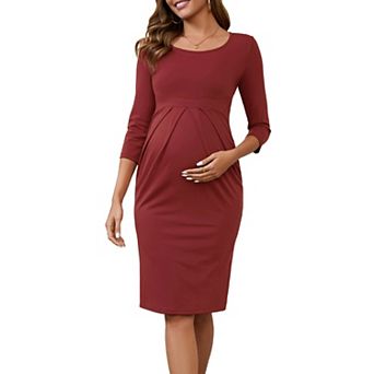 Women's Maternity Dresses Crew Neck 3/4 Sleeves Pleated Office Cocktail Back Zipper Pregnancy Dress