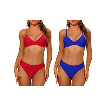 2 Sets Women's Triangle Bikini, V Neck Adjustable Spaghetti Straps Top Basic Bottom Swimwear Suits