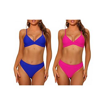 2 Sets Women's Triangle Bikini, V Neck Adjustable Spaghetti Straps Top Basic Bottom Swimwear Suits