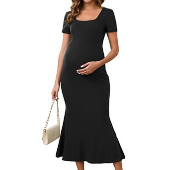 Women's Maternity Mermaid Square Neck Bodycon Dress Fitted Ribbed Midi Pregnancy Dresses