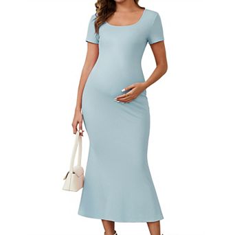 Women's Maternity Mermaid Square Neck Bodycon Dress Fitted Ribbed Midi Pregnancy Dresses