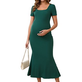 Women's Maternity Mermaid Square Neck Bodycon Dress Fitted Ribbed Midi Pregnancy Dresses