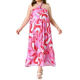 Women's Plus Size Long Maxi Dress Colorful Print Halter Sleeveless Boho Summer Beach Dresses