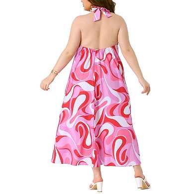Women's Plus Size Long Maxi Dress Colorful Print Halter Sleeveless Boho Summer Beach Dresses