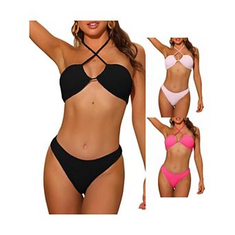 3 Sets Women's Halter Bandeau Bikini Sets, Ribbed Lace Up Swimsuit