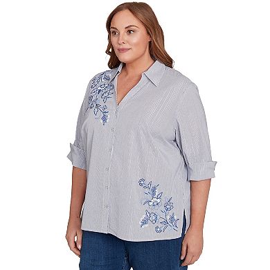 Plus Size Alfred Dunner Diagonal Floral Metallic Stripe Button Front Top