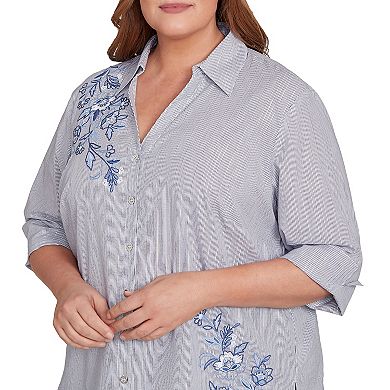 Plus Size Alfred Dunner Diagonal Floral Metallic Stripe Button Front Top