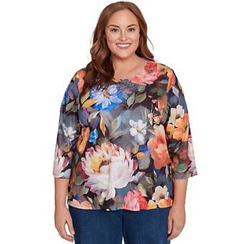 Plus Size Alfred Dunner Dramatic Floral Lace Neck Top