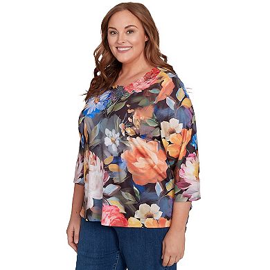 Plus Size Alfred Dunner Dramatic Floral Lace Neck Top